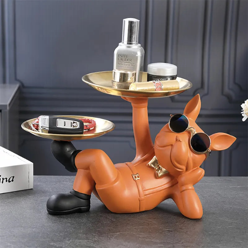 Lazy Bulldog Sculpture With Double Tray