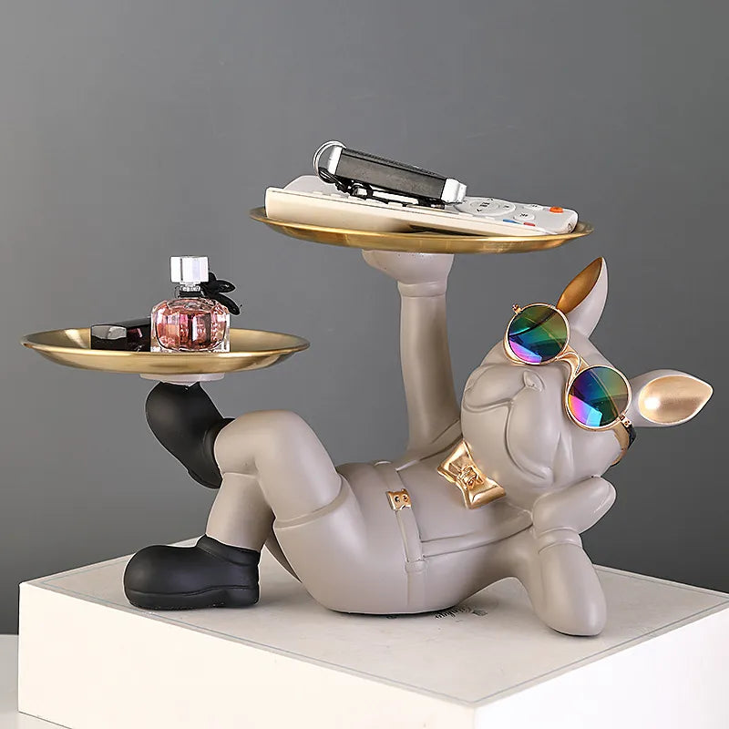 Lazy Bulldog Sculpture With Double Tray