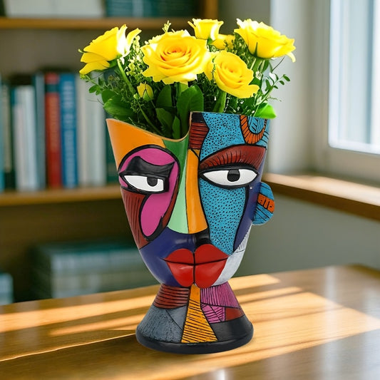 Vibrant Abstract Face Art Resin Vase